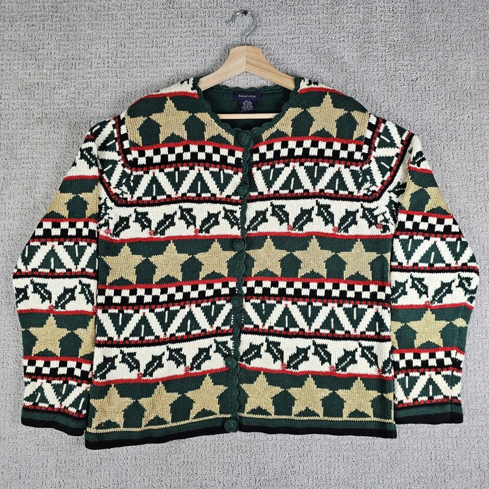 Vintage Eagle's Eye Christmas Cardigan Ugly Sweater‎ Womens Size M Grandma Core